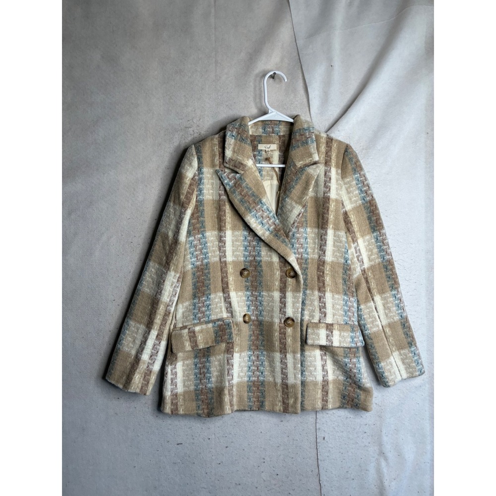 NWT Easel Los Angeles Plaid Wool Blend Double Breasted Blazer Coat Tan Blue SZ S